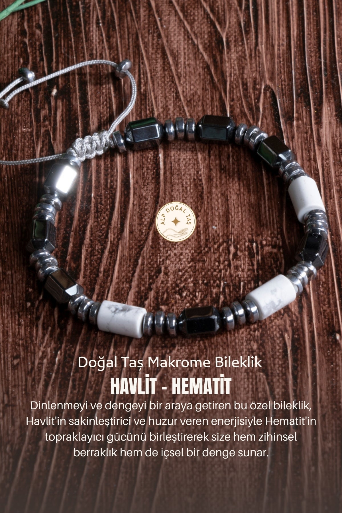 Image of Sertifikalı Havlit Hematit Doğal Taş Makrome Bileklik